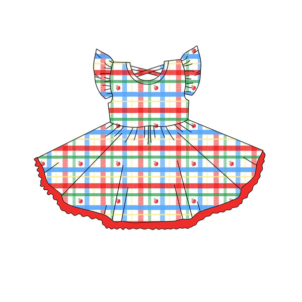 3.27 GSD2257 Baby Girls Flutter Sleeves Apple Colorful Plaid Knee Length Dress Preorder