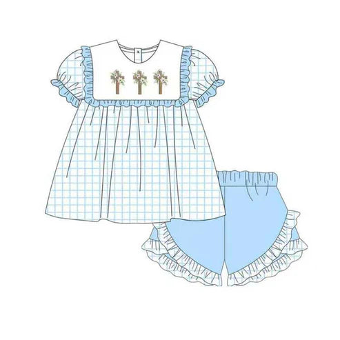 10.2 GSSO2718 Baby Girls Blue Checked Crosses Tunic Ruffle Shorts Easter Clothes Sets Preorder