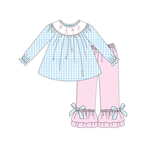 10.2 GLP2925 Baby Girls Blue Checked Dancers Tunic Pink Ruffle Pants Clothes Sets Preorder