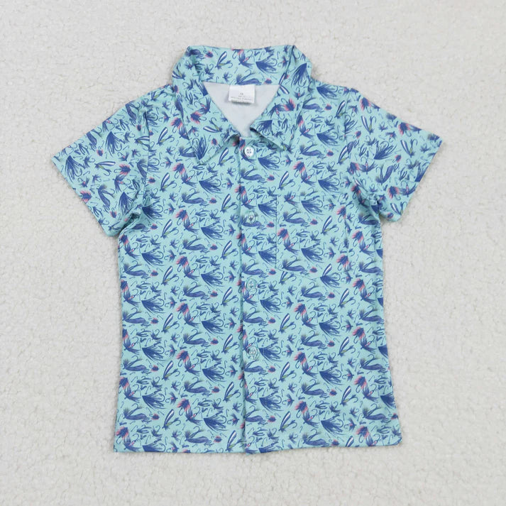 9.3 BT1296 Baby Boys Short Sleeves Blue Flowers Plaid Button Shirts Top