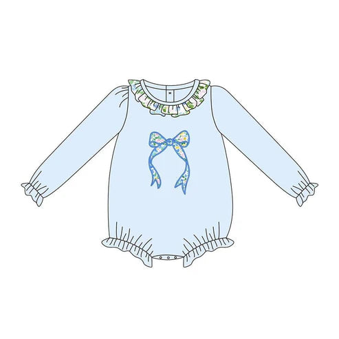 10.1 LR2742 Baby Girls Blue Flowers Bows Ruffle Rompers Preorder