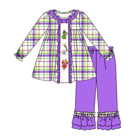 6.4 GLP2114 Baby Girls Checkered Crawfish Mardi Gras Tunic Ruffle Pants Clothes Sets Preorder