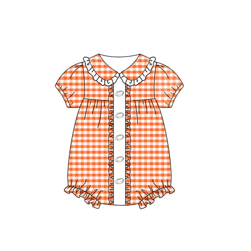 8.7 SR3206 Baby Girls Orange Plaid Footballs Team Ruffle Rompers Preorder