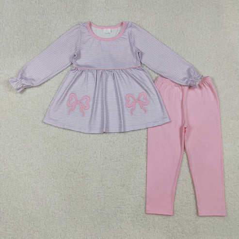 10.10 GLP2696 Embroidery Baby Girls Lavender Stripe Bows Tunic Legging Pant Set