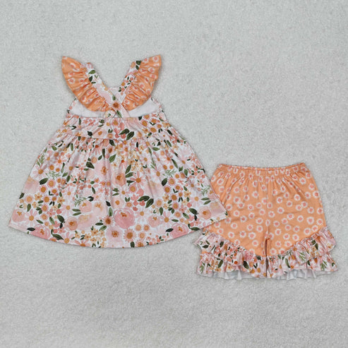 GSSO1763 Baby Girls Pink Spring Flowers Straps Tunic Shorts Clothes Set
