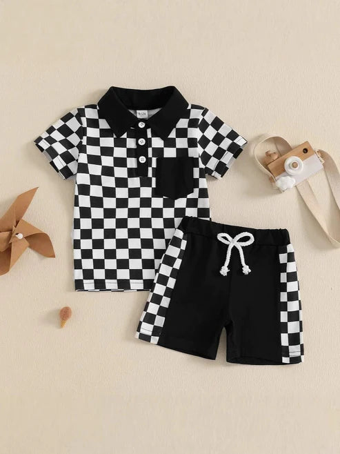 4.16 BSSO1473 Baby Boys Black Plaid Button Pocket Top Short Set Preorder