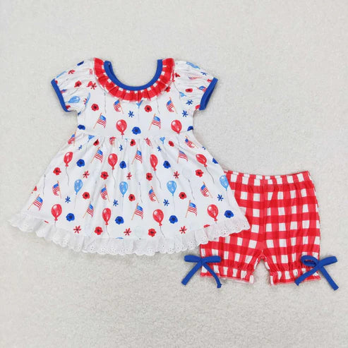 6.17 GSSO0430 Balloon flower Flag white short-sleeved red plaid shorts set