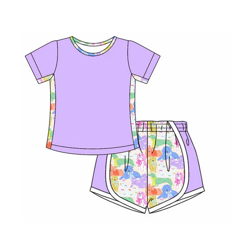 4.21 GSSO2570 Baby Girls Purple Short Sleeves Top Colorful Dogs Shorts Set Preorder