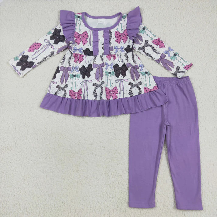 8.15 GLP2528 Baby Girls Long Sleeves Purple Bows Button Top Legging Pants Set