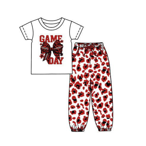 10.8 Custom Moq 5 Baby Kids Game Day Team Top Red Leopard Pants Clothes Sets