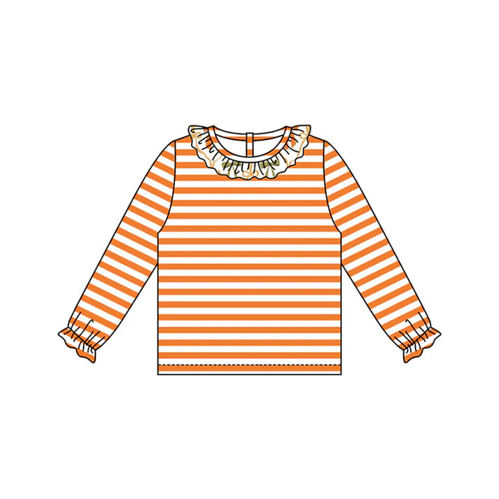 6.12 GT1074 Baby Girls Long Ruffle Sleeves Orange Stripes Tee Shirts Top Preorder