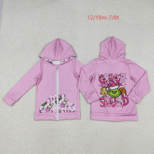 11.1 GT1142 Baby Girls Pink Christmas Green Faces Pocket Zipper Hoodies