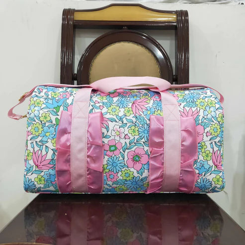 5.2 BA0291 Pink Ruffle Blue Floral Print Gym Duffle Bag