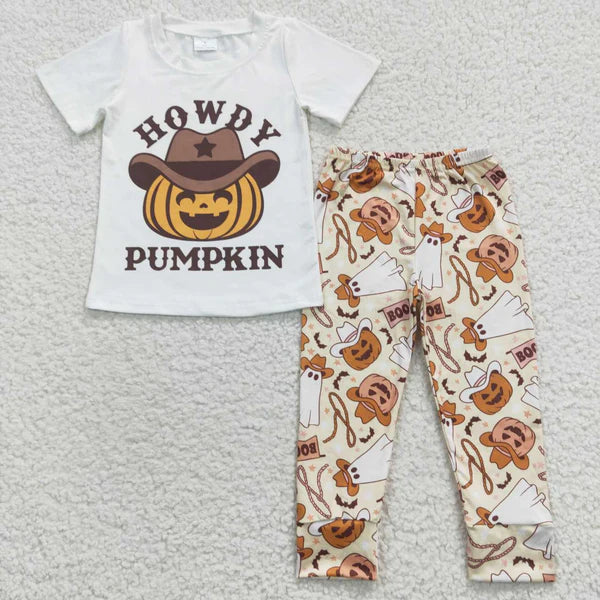 L-3.1 BT0249+P0166 howdy pumpkin White short sleeve boo Cowboy Ghost Pumpkin pantsuit