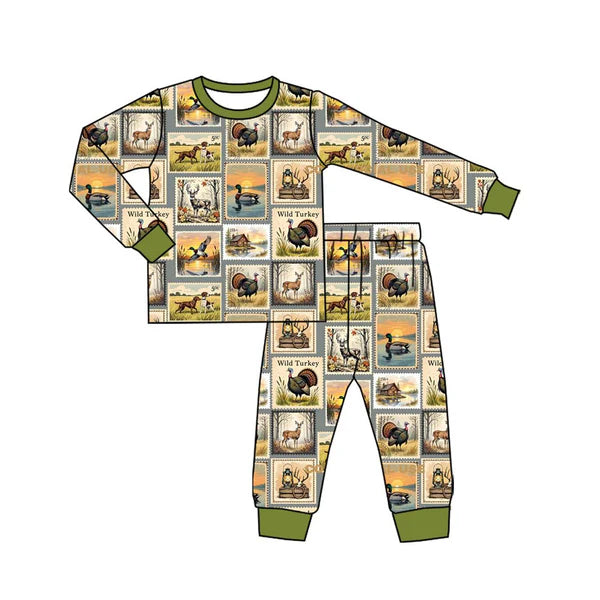 8.26 BLP1233 Baby Boys Ducks Deer Turkey Top Pant Western Hunting Pajamas Set Preorder