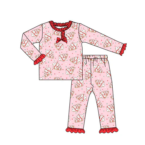 9.2 GLP2769 Baby Girls Pink Christmas Trees Stars Button Top Pant Pajamas Set Preorder