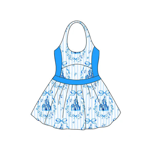 3.21 S0538 Baby Girls Blue Strap Bows Castle One Piece Swimsuits Dresses Preorder
