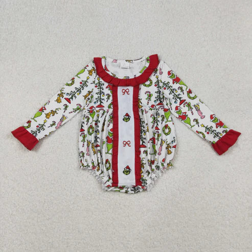 10.14 LR2635 Baby Girls Green Face Miss Bows Christmas Ruffle Romper