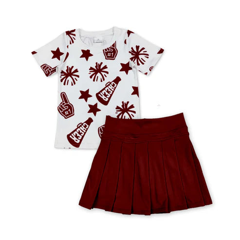 6.27 GSD2736 Baby Girls Shirt Sleeves Dark Red Team Cheer Stars Top Yoga Skorts Set Preorder