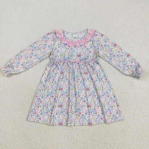 8.12 GLD1120 Baby Girls Long Ruffle Sleeves Blue Floral Knee Length Dress