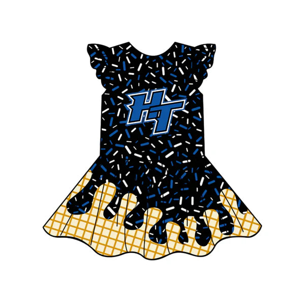 7.7 Custom Moq 3 Baby Girls Black HT Team Flutter Sleeve Knee Length Dresses