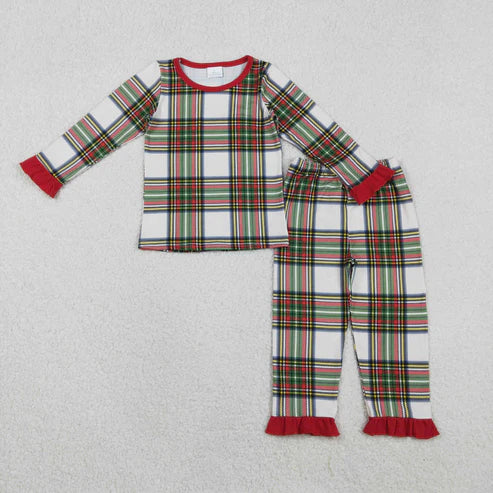 11.5 GLP2829 Baby Girls Green Red Checked Top Ruffle Pants Christmas Pajamas Set