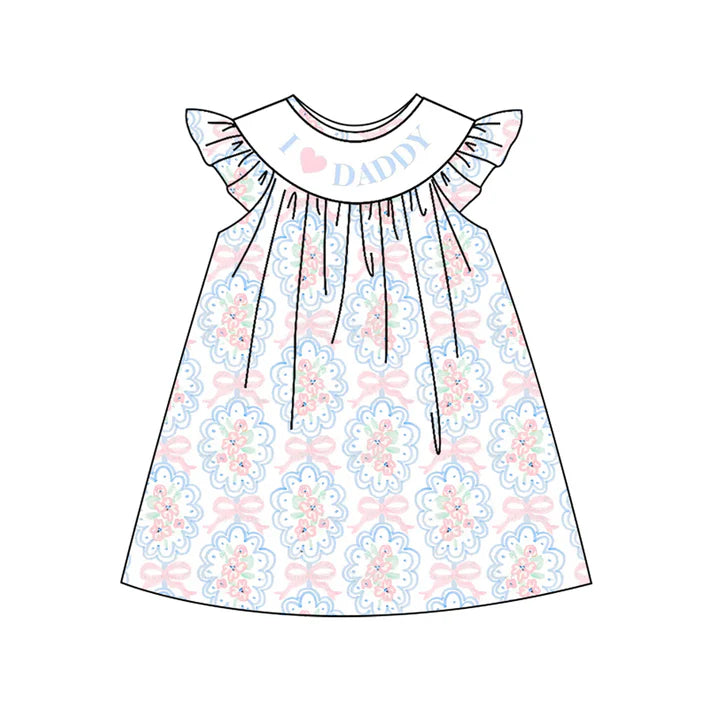 3.23 GSD2227 Baby Girls Short Ruffle Sleeves Blue Bows DADDY'S GIRL Knee Length Dresses Preorder