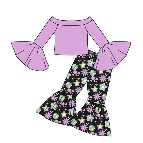 6.20 Custom Moq 3 Baby Girls Purple Doll Off Shoulder Shirt Bell Pants Clothes Sets