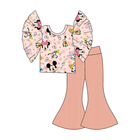 6.20 Custom Moq 3 Baby Girls Cartoon Flutter Sleeve Tee Shirt Bell Clothes Sets Regular