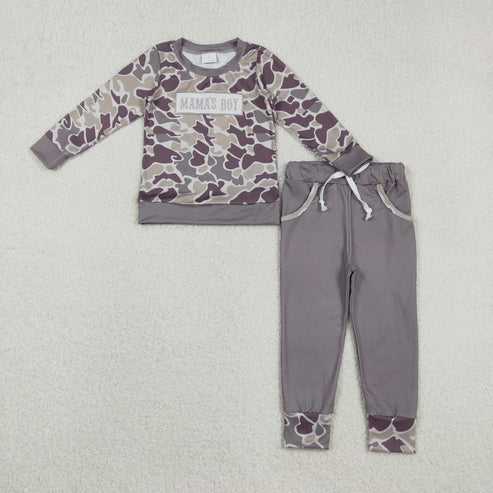 11.18 BLP1333 Embroidery Baby Boys Grey Camo Mama's Boy Top Pockets Jogger Pants Clothes Set