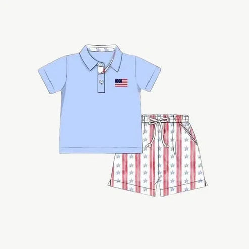 4.16 BSSO1480 Baby Boys Blue Button Flag Top Pockets Red Stripe Stars Short 4th Of July Preorder