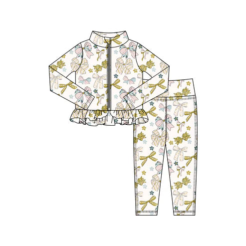 10.27 GLP3005 Baby Girls Bows Flowers Zipper Jackets Ruffle Top Leggings Yoga Clothes Sets Preorder