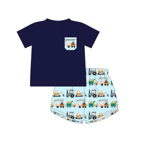 3.20 BSSO1414 Baby Boys Navy Short Sleeves Pocket Top Excavators Short Clothes Set Preorder