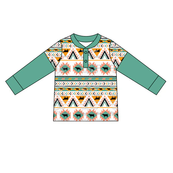 5.28 BT0924 Baby Boys Western Aztec Cow Long Sleeve Tee Shirts Tops Preorder
