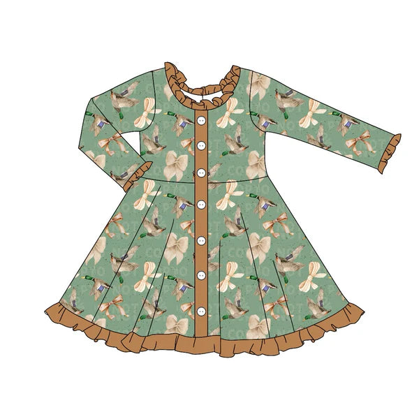5.28 GLD0901 Baby Girls Ducks Hunting Bows Knee Length Dresses Preorder