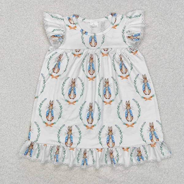 L-3.3 GSD1458 Baby Girls Easter Rabbits Flutter Sleeve Knee Length Dress