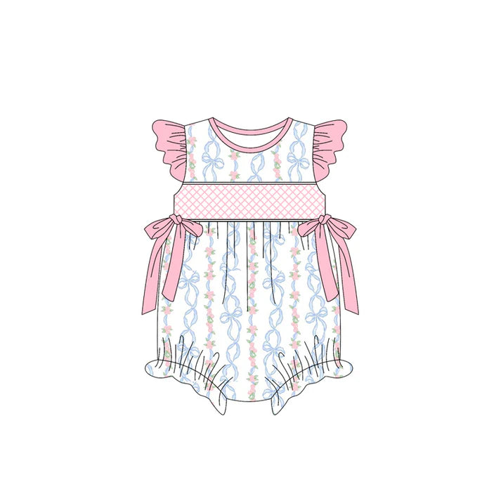3.23 SR2952 Baby Infant Girls Pink Flutter Sleeves Bows Floral Ruffle Rompers Preorder