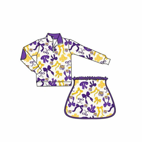 8.16 Custom Moq 5 Baby Girls Purple Yellow Bows Tigers Plaid Zip Pullovers Skort Team Clothes Sets