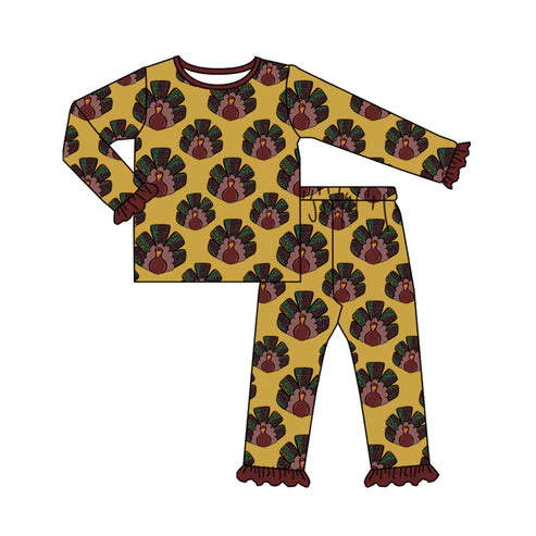7.25 GLP2630 Baby Girls Long Sleeves Turkey Plaid Top Ruffle Pants Pajamas Set Preorder