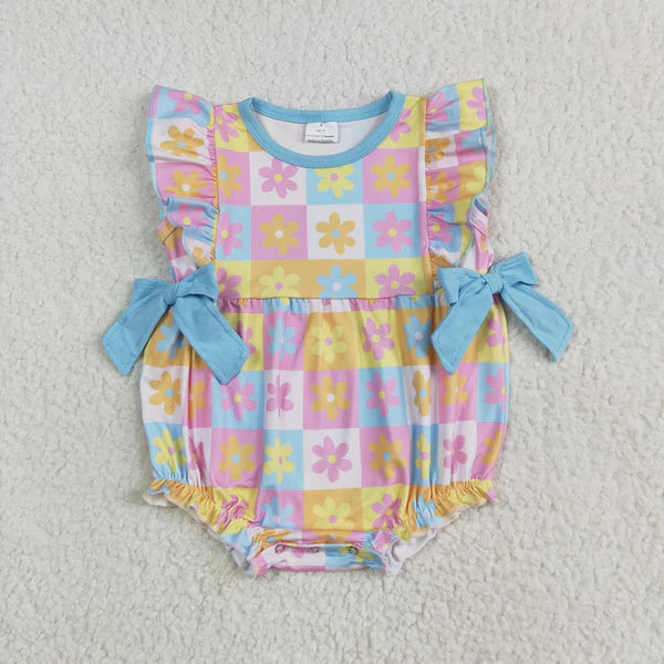 6.13 Sibling Baby Girls Blue Flutter Sleeves Flowers Plaid Tunic Ruffle Shorts Sets Rompers