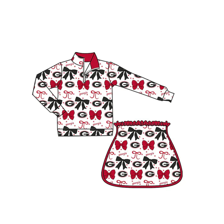 9.5 Custom Moq 5 Baby Girls Red Georgia Bows Team Zip Pullovers Skort Team Clothes Sets