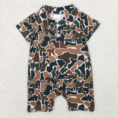 4.1 SR2979 Baby Infant Boys Short Sleeves Dark Brown Camo Button Romper
