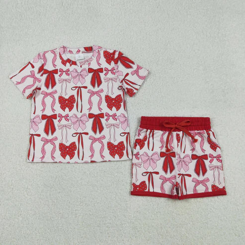 12.8 GSSO2737 Baby Girls Short Sleeve Red Bows Top Pockets Shorts Clothes Set