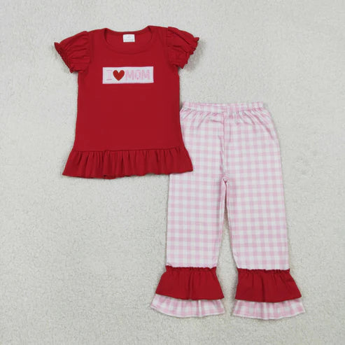 10.25 GSPO2071 Embroidery Baby Girls I Love Mom Top Pink Checked Ruffle Pants Clothes Set