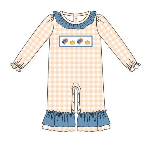7.30 LR2438 Baby Girls Plaid Long Sleeves Turkey Pumpkins Ruffle Pant Rompers Preorder