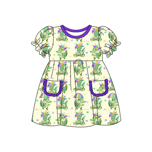 9.19 GSD2806 Baby Girls Short Sleeve Dinosaurs Pockets Mardi Gras Knee Length Dresses Preorder