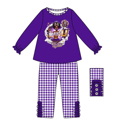 10.11 Custom Moq 8 Baby Girls Purple LSU Team Top Plaid Bottom Pants Sets