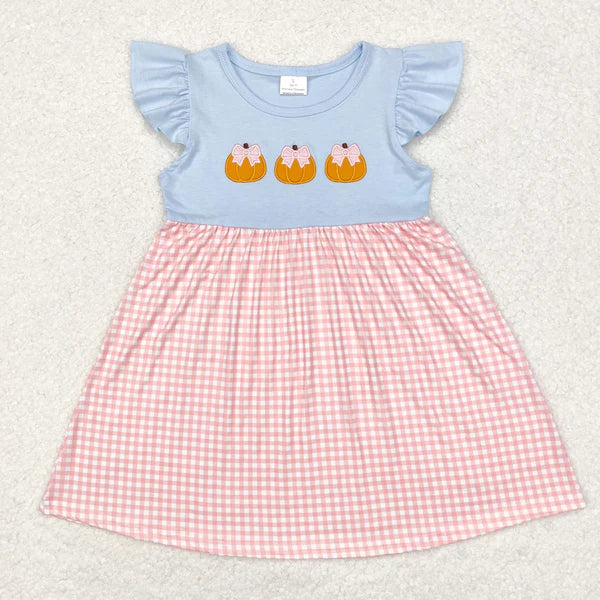 L-3.3 GSD1421 Embroidery pumpkin pattern pink plaid shortsleeved dress