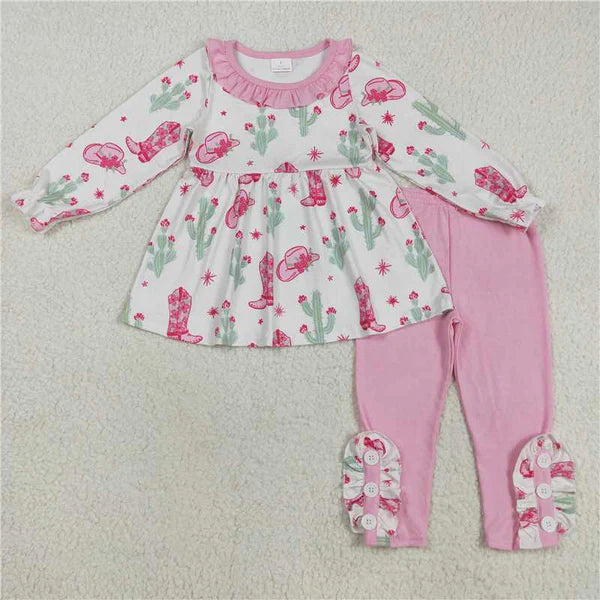 8.15 GLP2367 Baby Girls Long Sleeves Pink Boots Cactus Tunic Legging Pants Set