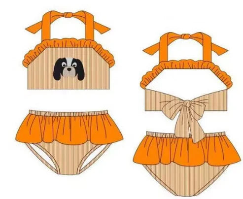 5.8 Girls' two-piece orange striped lace swimsuit